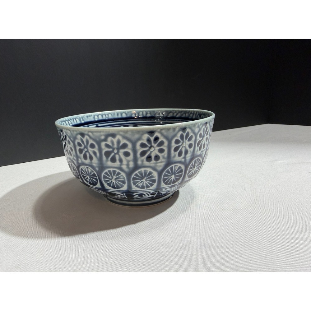 Blue White Ceramic Arita Ware Bowl Floral Relief Spiral Interior Japanese Style